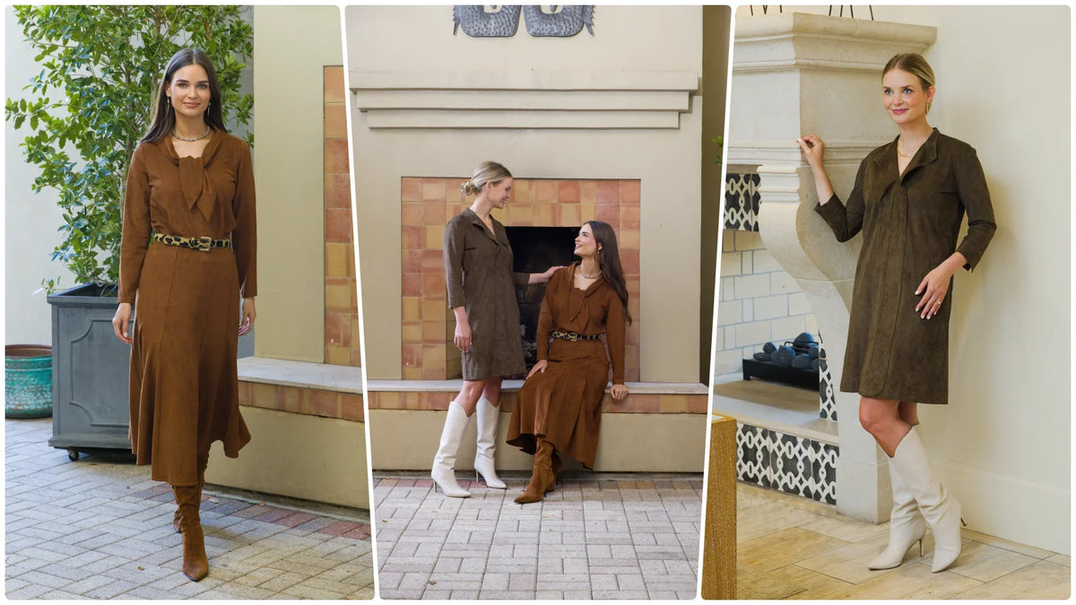 collage of fall trends in suede