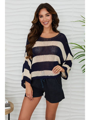 Striped Crew Neck Open Knit