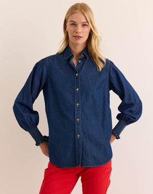 Oversized Smocked Long Sleeve Dark Wash Denim Shirt