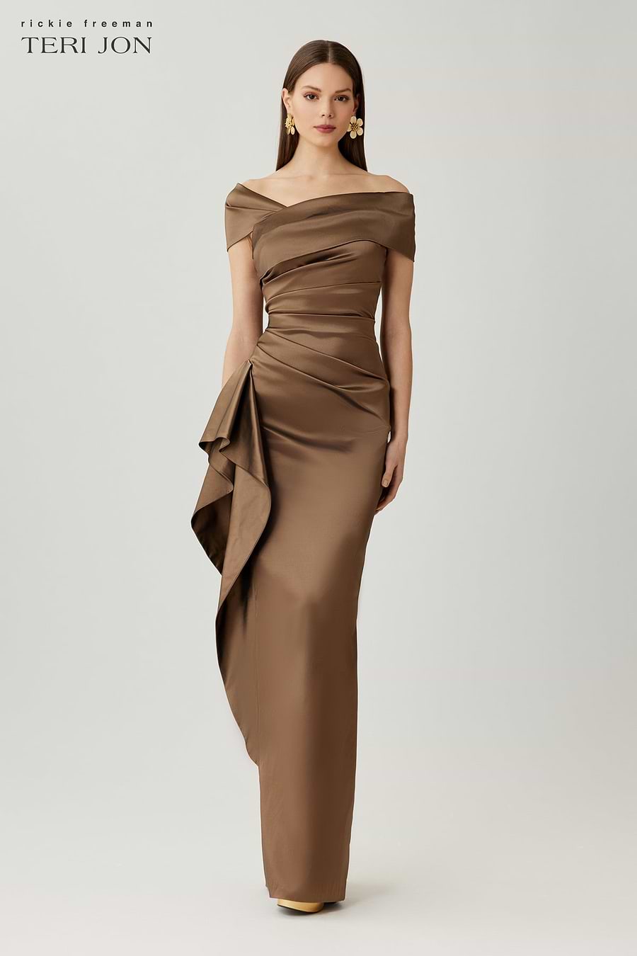 Stretch Taffeta Asymmetrical Off The Shoulder Side Ruffle Gown