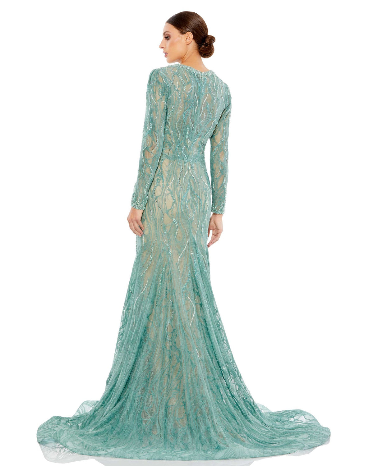 Beaded Illusion Long Sleeve Plunge Neck Gown MACDUGGAL