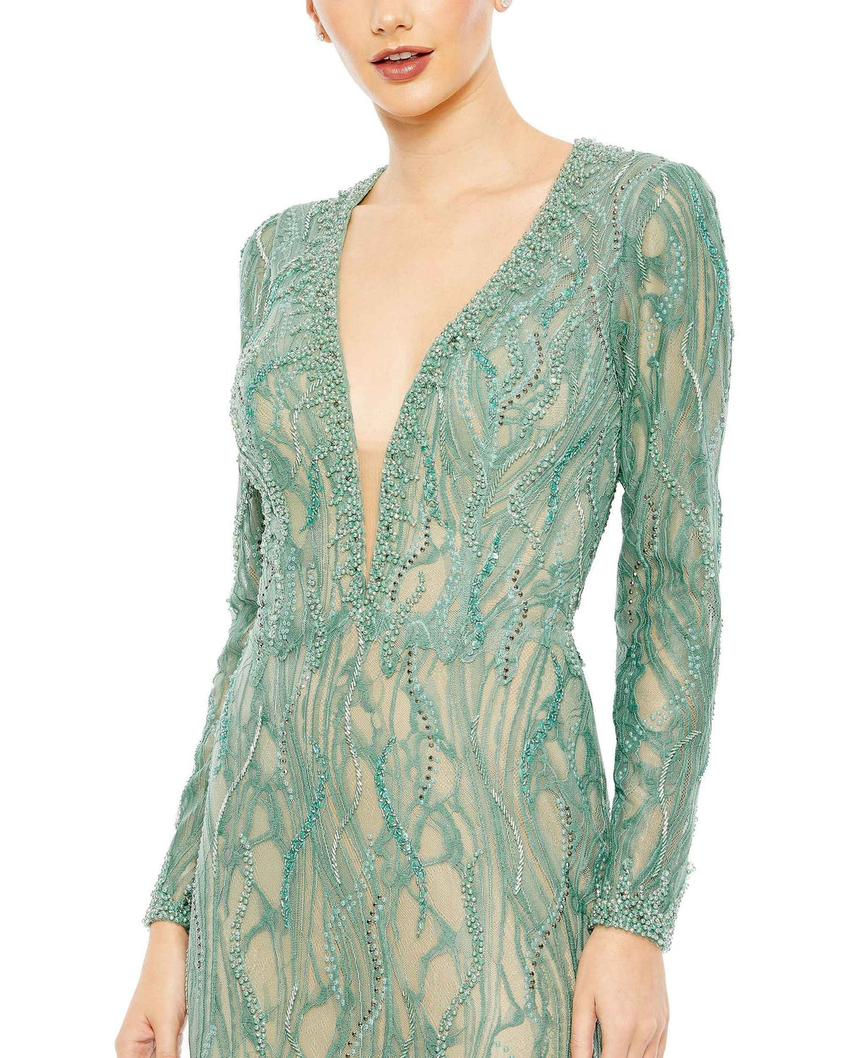 Beaded Illusion Long Sleeve Plunge Neck Gown MACDUGGAL