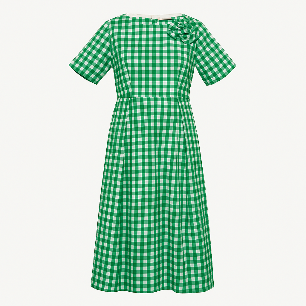 Michelle Midi Dress Gingham Cotton Poplin Green/Oyster