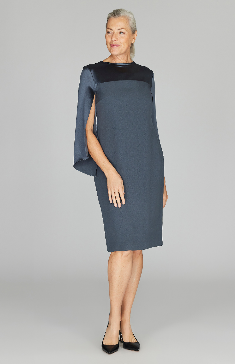 Long Sleeve Silk Dress w/ Satin Contrast