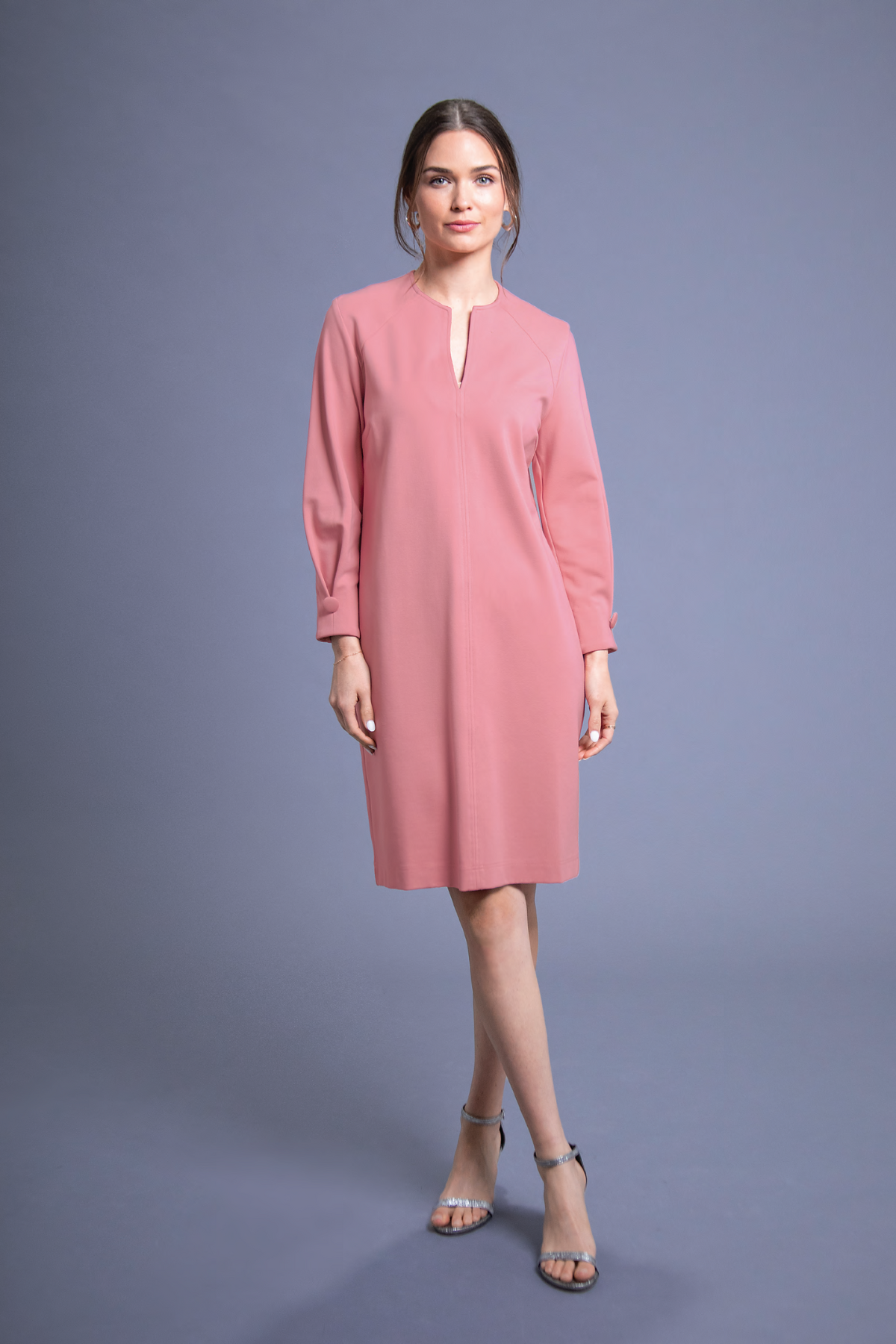 39" Split Neck Dress with Button Sleeve Amélline