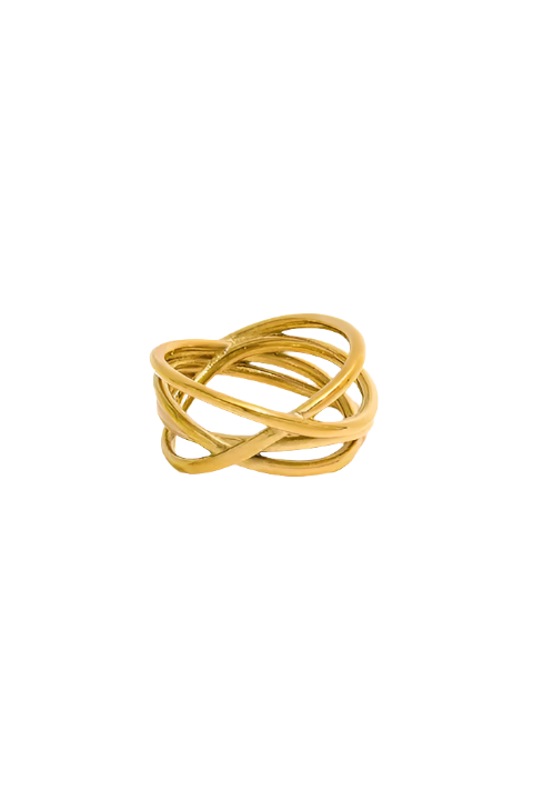 Gold ring with a twisted design on a white background