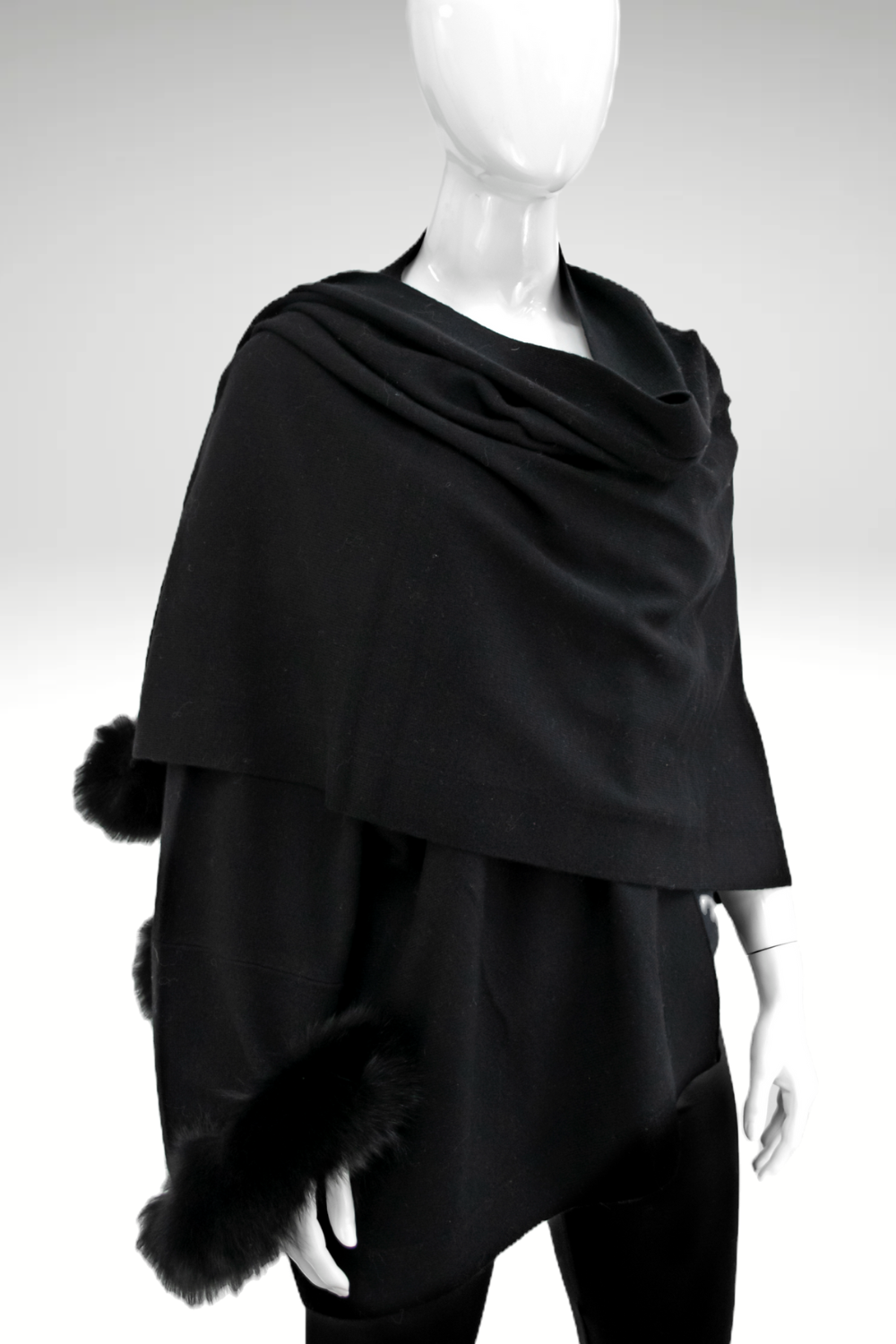 Knitted Wrap with Pull Through Loop and Fox Fur Trim