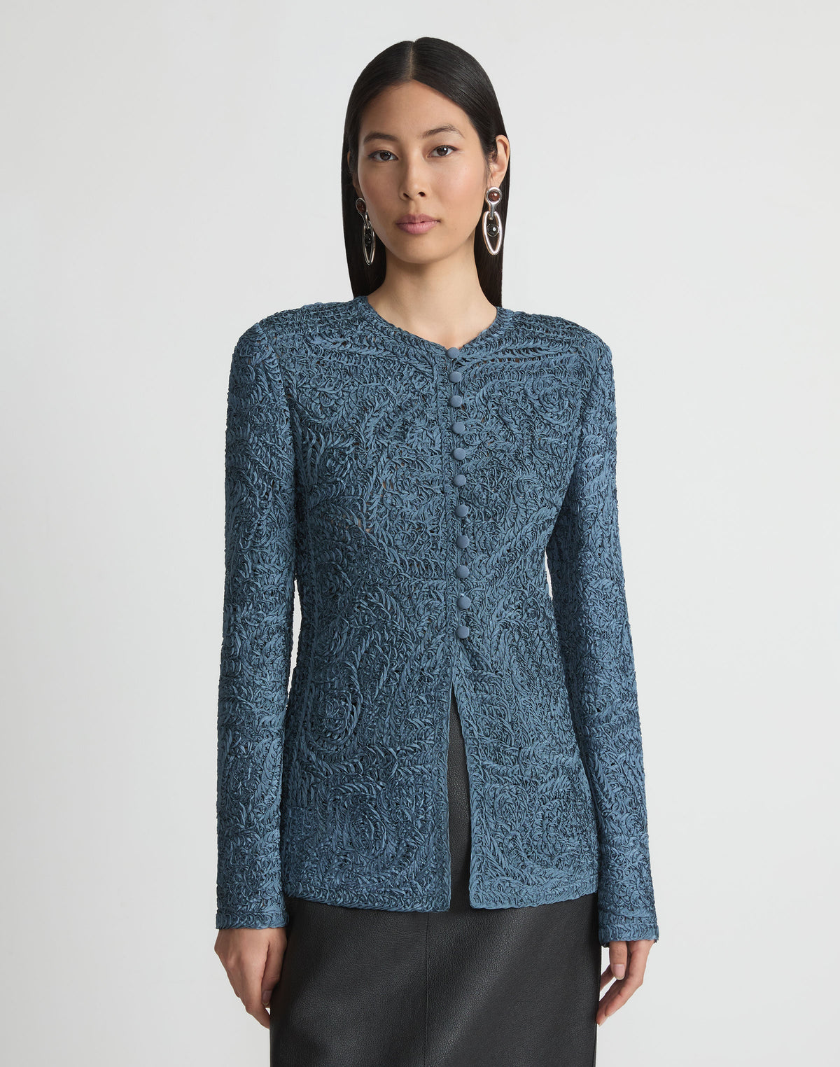 Embroidered Soutache Crewneck Cardigan