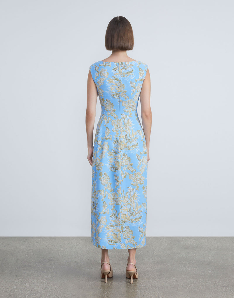 Floral Frost Toile Viscose Portrait Neckline Tulip Dress LAFAYETTE 148